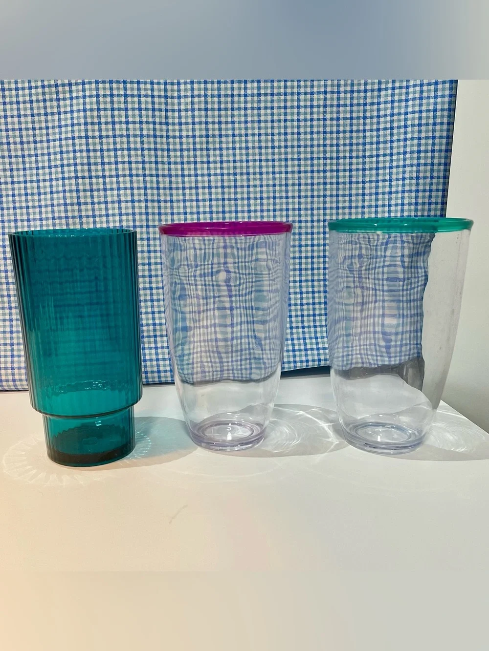 Set of 3 Plastic Cups- teal, pink, clear